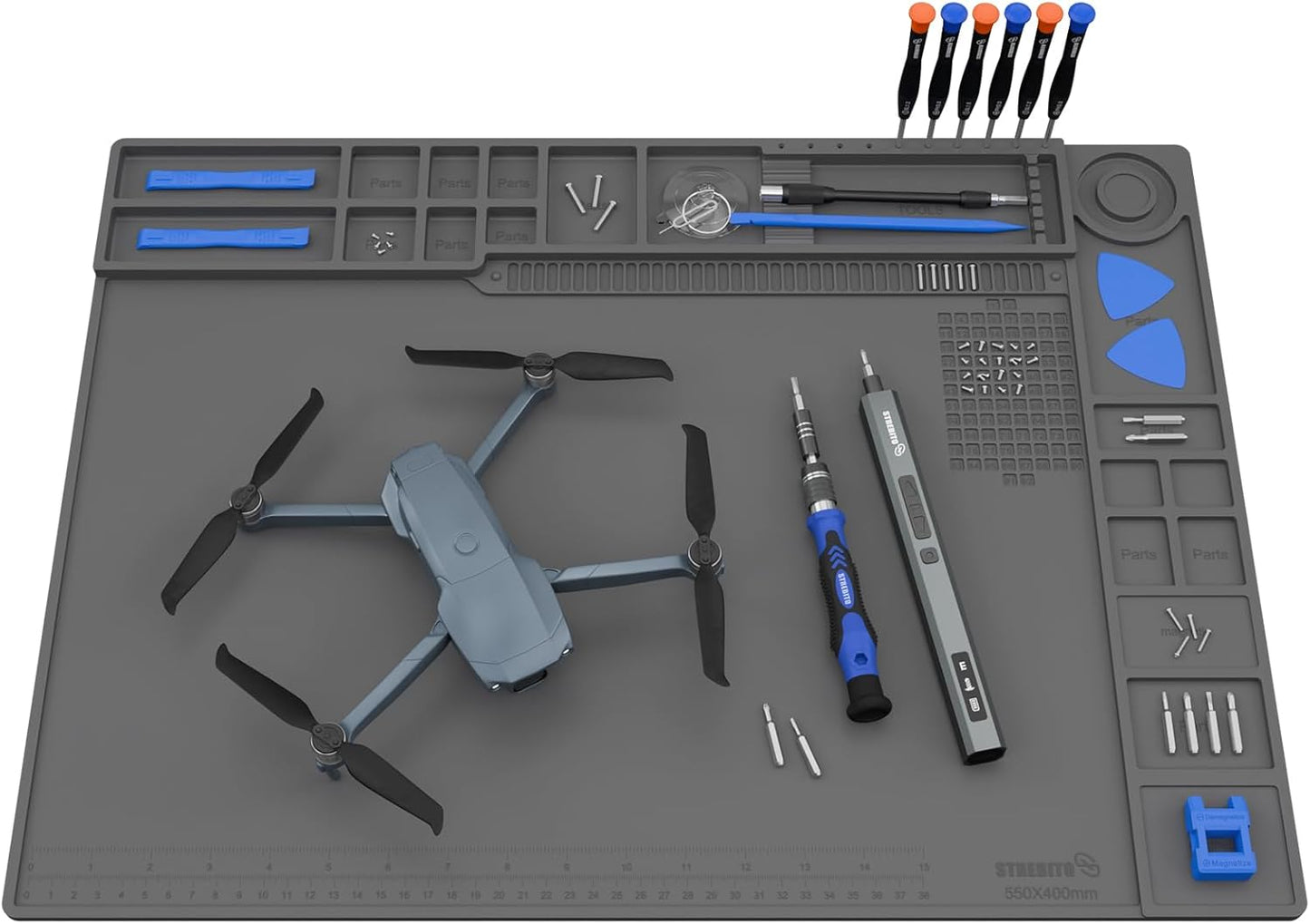 STREBITO Soldering Mat Large, Solder Mat Heat Resistant 932°F, Magnetic Mat for Screws and Tools, Solder Pad for Soldering Iron, Electronics, PC Building, Laptop, RC, Phone, Size 21.7 "x 15.8" (Grey)