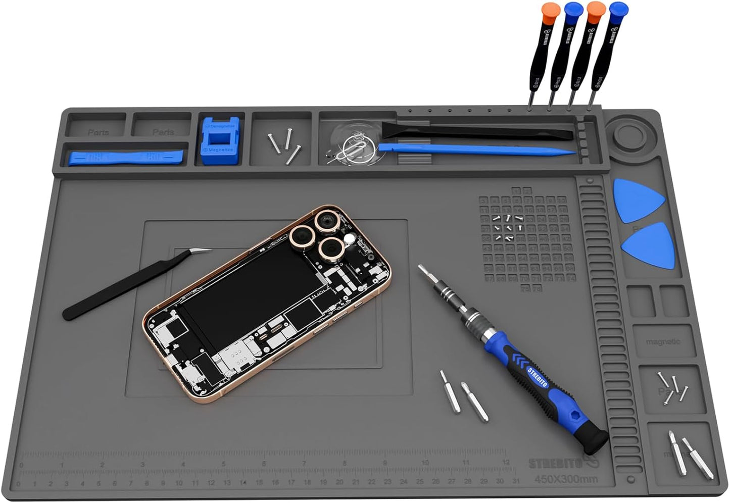 STREBITO Soldering Mat Electronics Repair Mat, Solder Pad Heat Resistant 932°F, Magnetic Work Mat Silicone Pad for Soldering, Computer, Laptop, Cell Phone, RC, Watch, Gun, Size 17.7" x 11.8" (Grey)