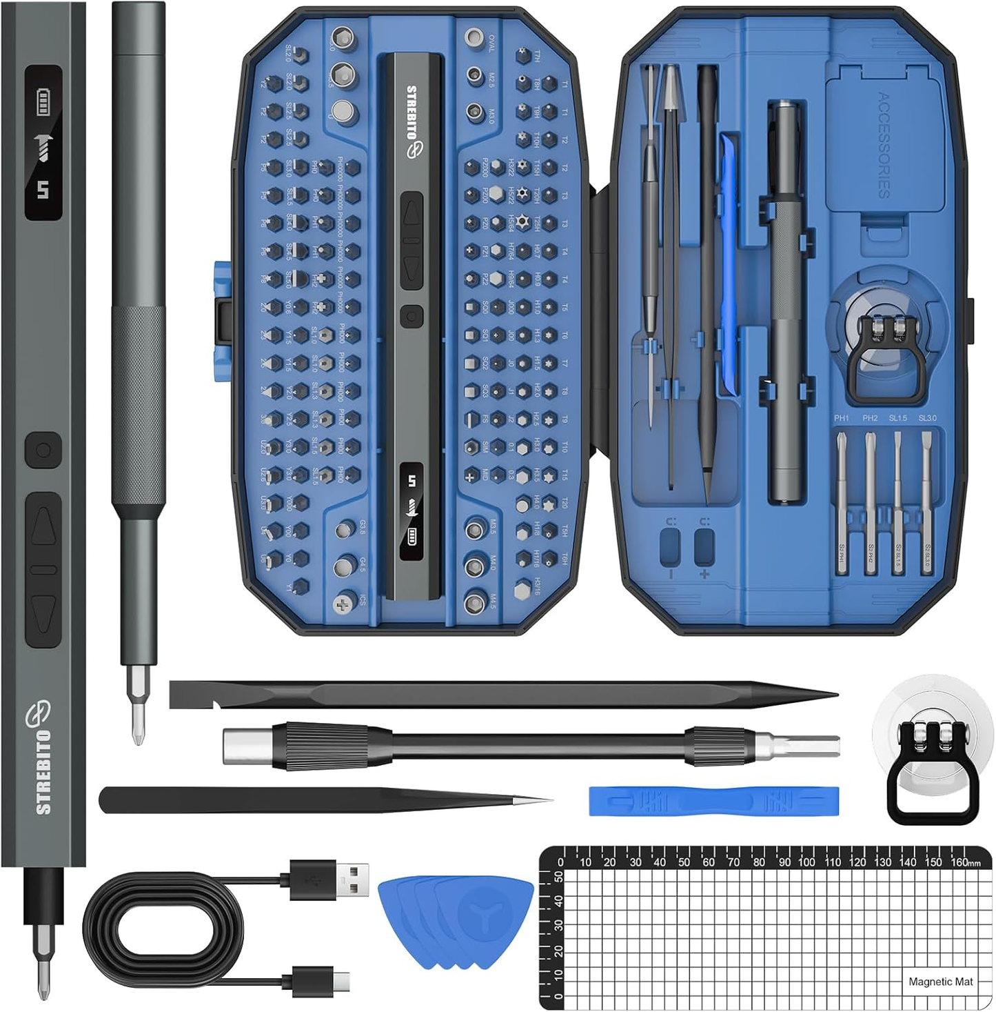 STREBITO 155 in 1 Electric Screwdriver Set, Small Electric Screwdriver Cordless with 140 S2 Magnetic Bits, Electronic Power Screwdriver Repair Tool Kit for RC, Computer, Pc Building, Laptop(Upgraded)