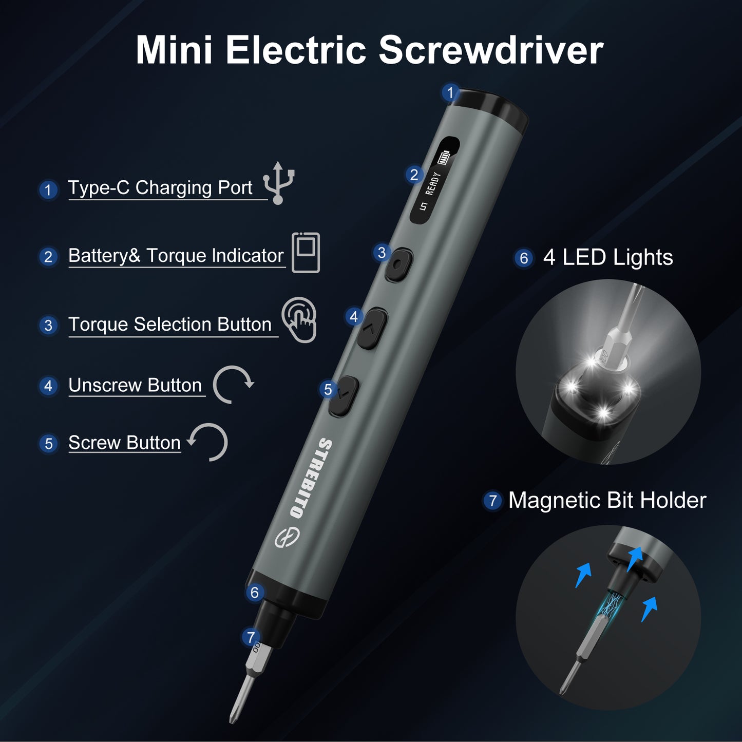 STREBITO Mini Electric Screwdriver, 78 IN 1 Cordless Screwdriver Set with 72 S2 Bits, 5-Gear Torque Adjustment, Digital Display Screen, Repair Tool Kit for Phone, Watch, Laptop, Camera