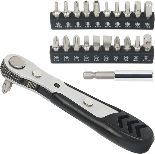 STREBITO Mini Ratchet Set, 22-Piece 1/4 Ratchet Right Angle Screwdriver, 36-Tooth Small Ratcheting Wrench Bit Ratchet For Tight Spaces, with Phillips, Slotted, Torx, Hex, Square and Adapter for Socket