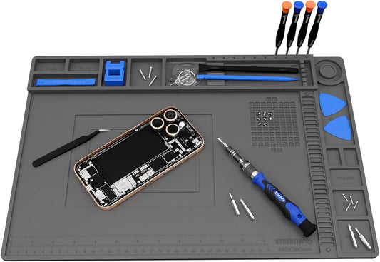 STREBITO Soldering Mat Electronics Repair Mat, Solder Pad Heat Resistant 932°F, Magnetic Work Mat Silicone Pad for Soldering, Computer, Laptop, Cell Phone, RC, Watch, Gun, Size 17.7" x 11.8" (Grey)