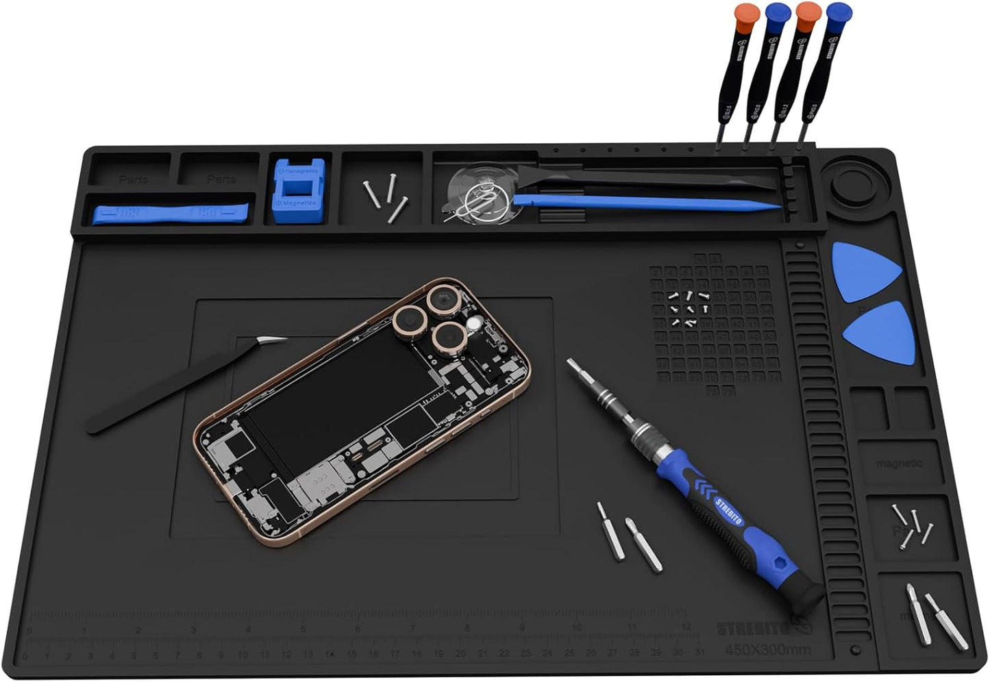 STREBITO Solder Mat Electronics Mat Silicone Repair Mat, Heat Resistant 932°F, Magnetic Project Mat Solder Pad for Soldering, Computer, Laptop, Cell Phone, RC, Gun, Size 17.7" x 11.8" (Black)