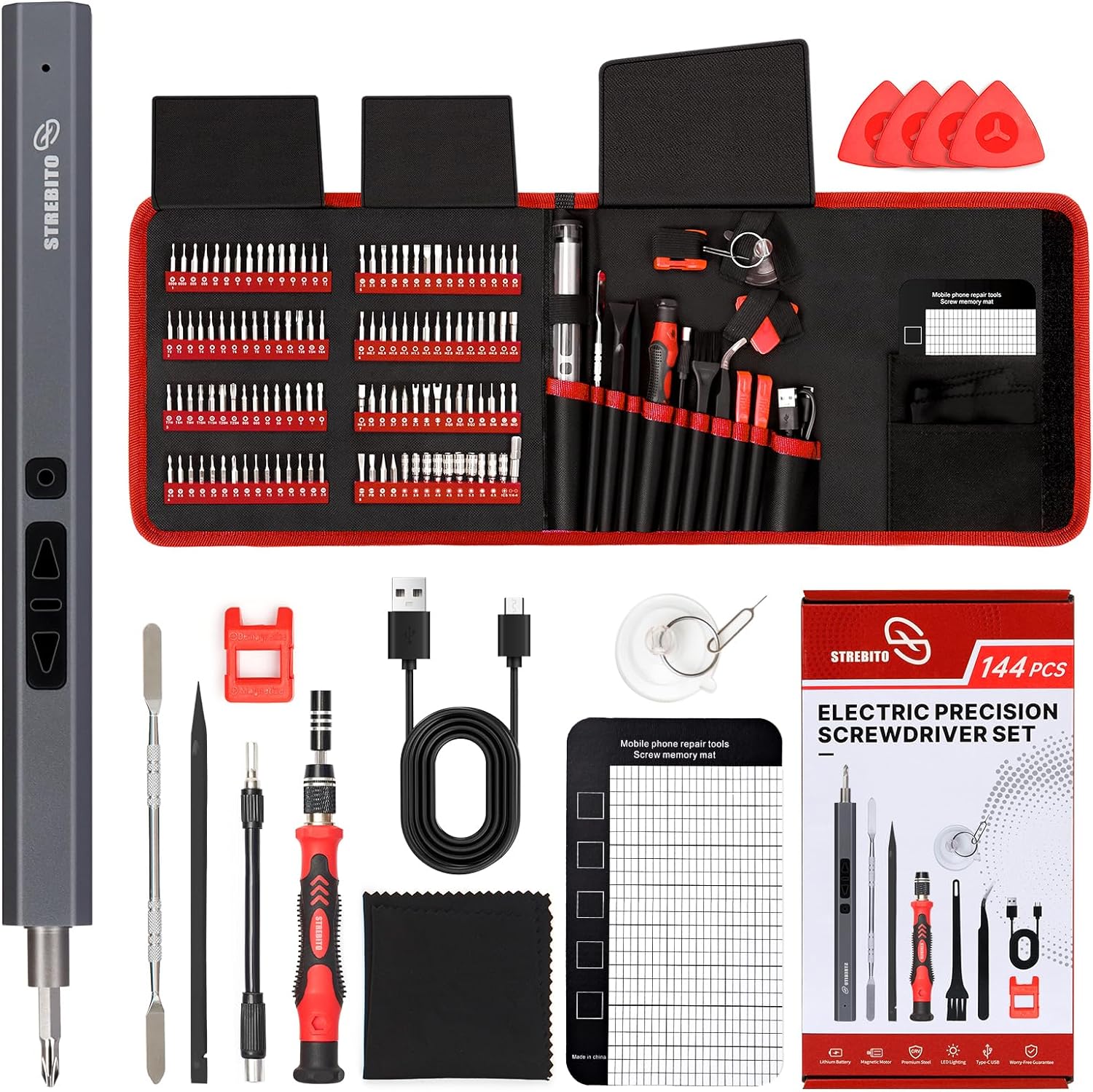 STREBITO Mini Electric Screwdriver Set 144-Piece Electric Precision Screwdriver, 3.7V Power Screwdriver Cordless, Rechargeable Small Electric Screwdriver Kit, PC Electronic Phone RC Drone Repair Tool