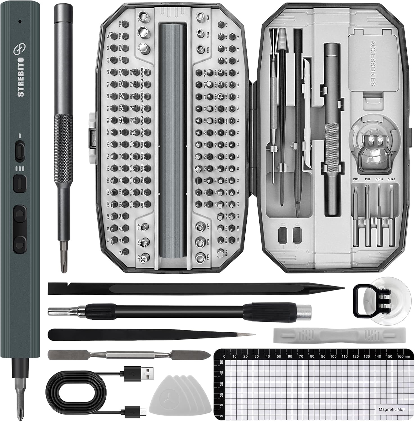 STREBITO 155 in 1 Electric Screwdriver Set, Small Electric Screwdriver Cordless with 140 S2 Magnetic Bits, Electronic Power Screwdriver Repair Tool Kit for RC, Computer, PC Building, Laptop