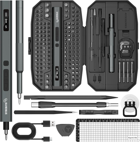 STREBITO 155 in 1 Electric Screwdriver Set, Small Electric Screwdriver Cordless with 140 S2 Magnetic Bits, Electronic Power Screwdriver Repair Tool Kit for RC, Computer, Pc Building, Laptop（Upgraded）