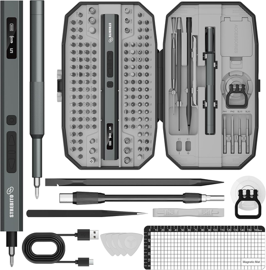 STREBITO 155 in 1 Electric Screwdriver Set, Small Electric Screwdriver Cordless with 140 S2 Magnetic Bits, Electronic Power Screwdriver Repair Tool Kit for RC, Computer, Pc Building, Laptop（Upgraded）
