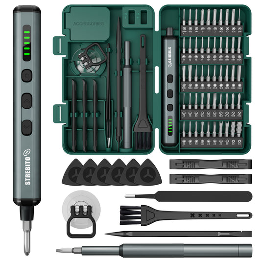STREBITO Mini Electric Screwdriver, 67 in 1 Precision Screwdriver Set - 50 S2 Magnetic Bits, 5 Torque Settings, 4 LED Lights, Electric Screwdriver Cordless for Electronics, PC, and Eyeglass