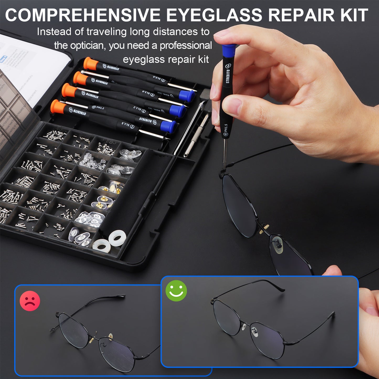 STREBITO Glasses Repair Kit, All-in-One Eyeglass Repair Kit with 16 Sizes of Screws, 12 Pairs of Nose Pads & Tweezer, Precision Screwdriver Set for Glasses, Sunglasses, Watches & Small Electronics
