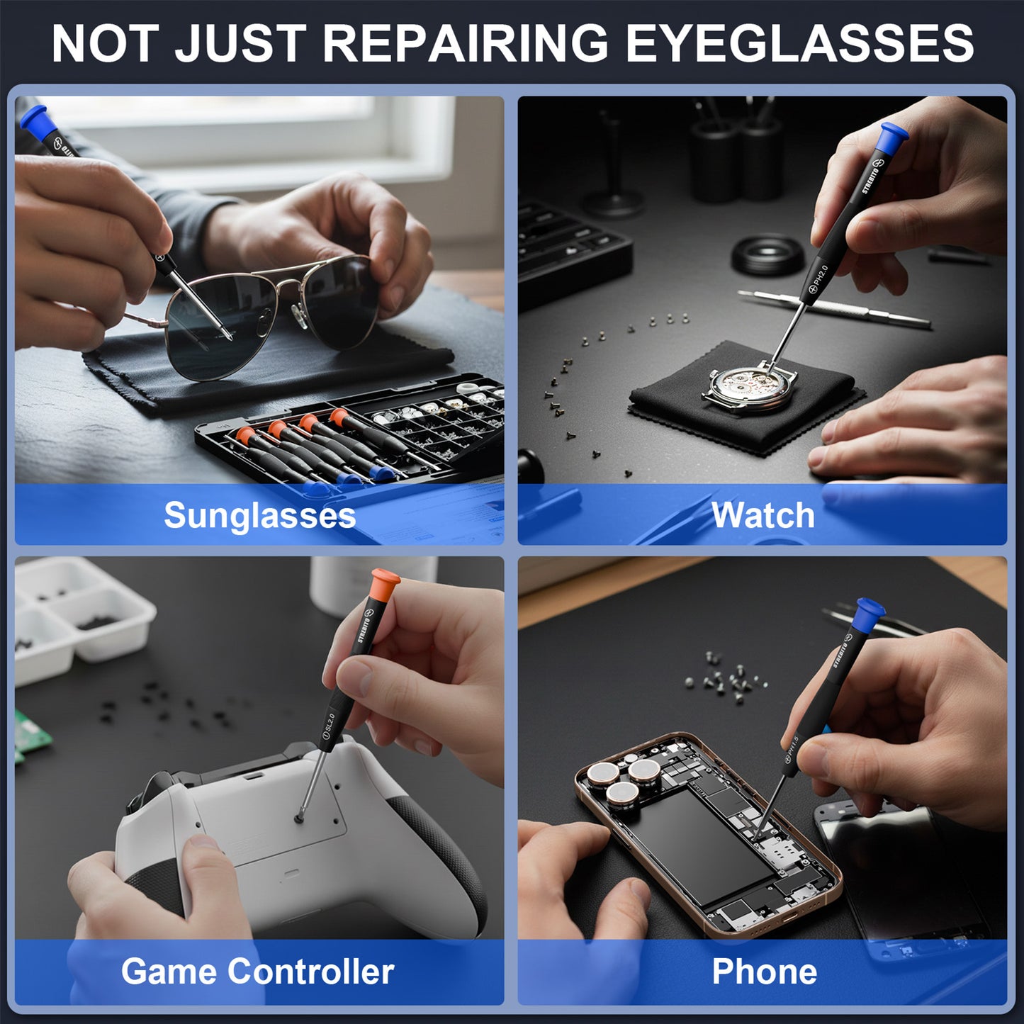 STREBITO Glasses Repair Kit, All-in-One Eyeglass Repair Kit with 16 Sizes of Screws, 12 Pairs of Nose Pads & Tweezer, Precision Screwdriver Set for Glasses, Sunglasses, Watches & Small Electronics