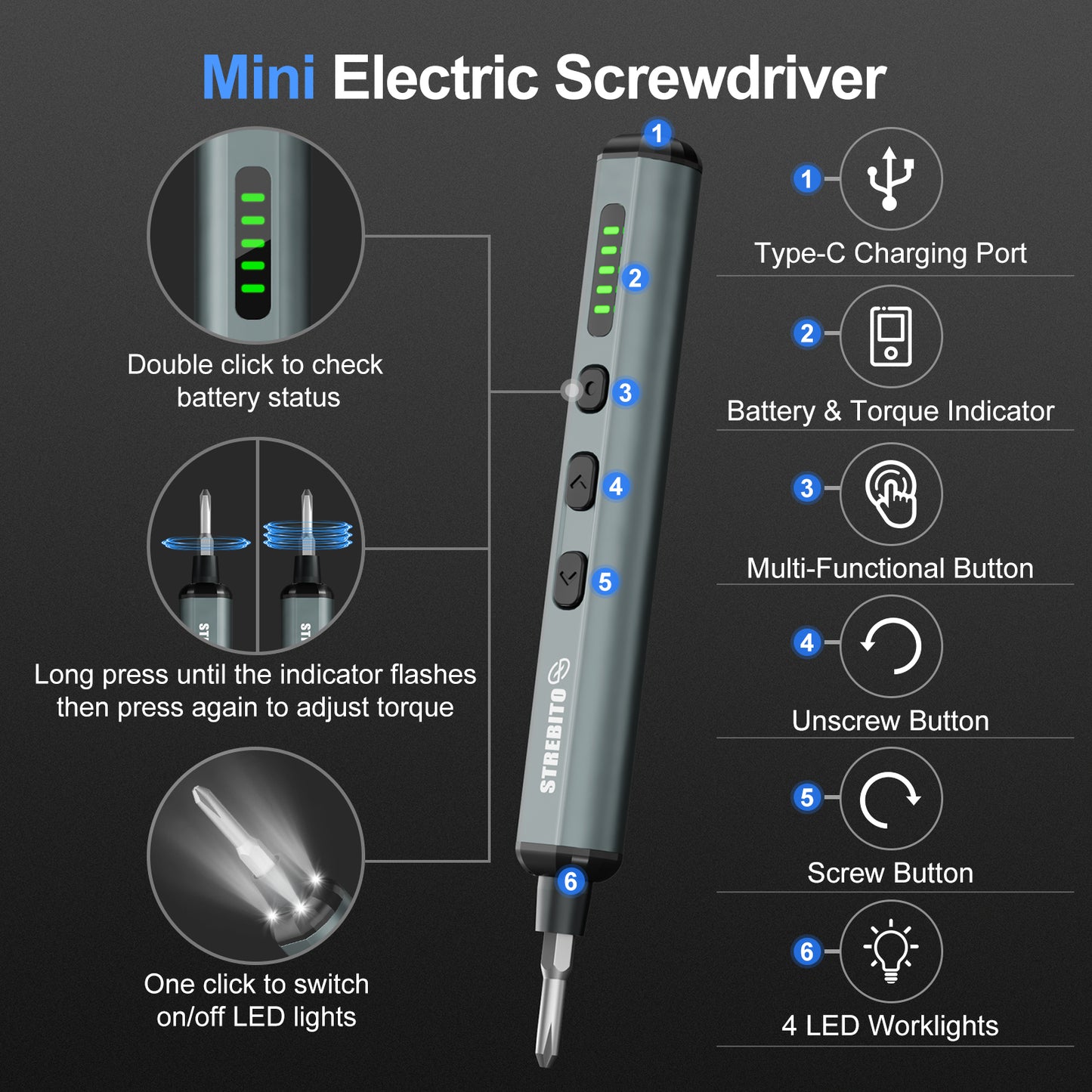 STREBITO Electric Screwdriver, 67 in 1 Mini Electric Screwdriver, 50 S2 Magnetic Bits, 5 Torque Settings, 4 LED Lights, Precision Screwdriver Set for Laptop, Computer, Phone & Electronics Repair
