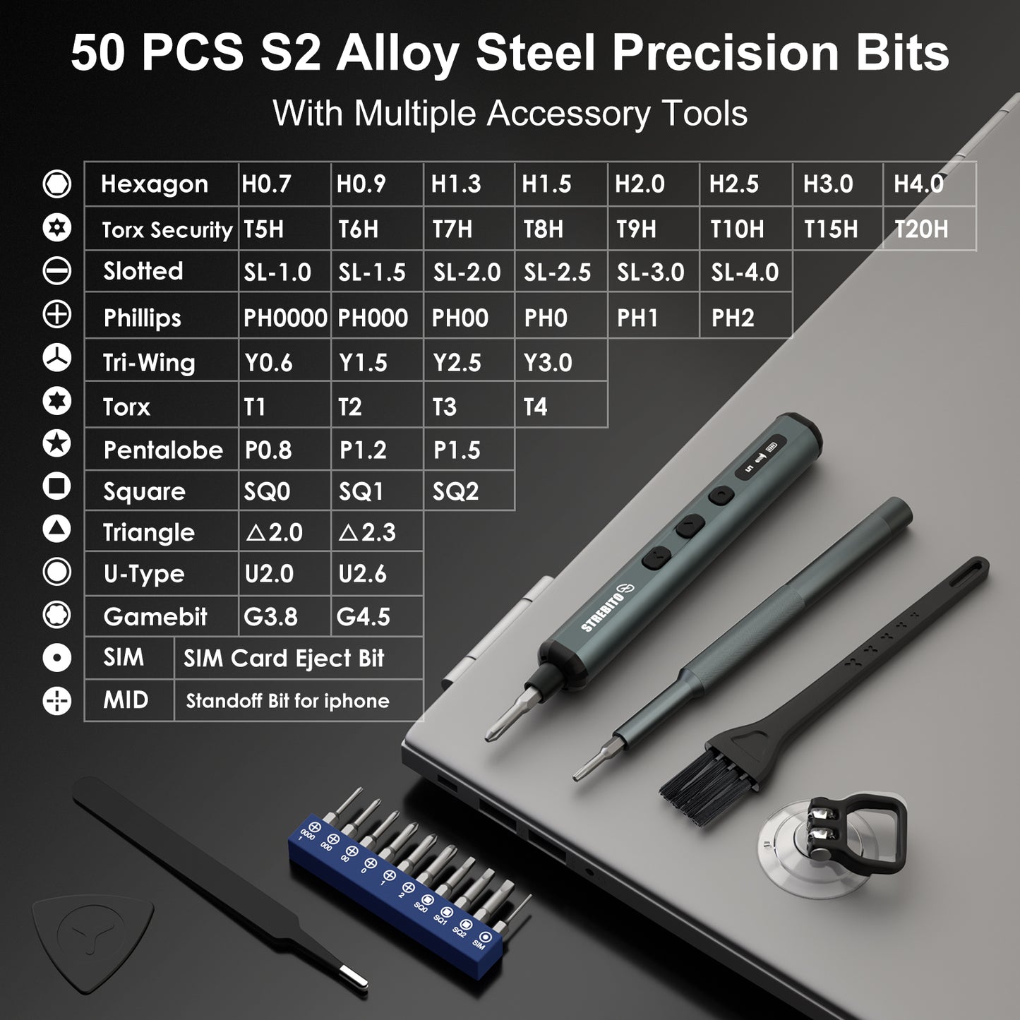 STREBITO Mini Electric Screwdriver Set, 67 in 1 Electric Precision Screwdriver - 50 S2 Magnetic Bits, 5 Torque Settings, 4 LED Lights, Electric Screwdriver Kit for PC Phone Laptop Camera Electronics
