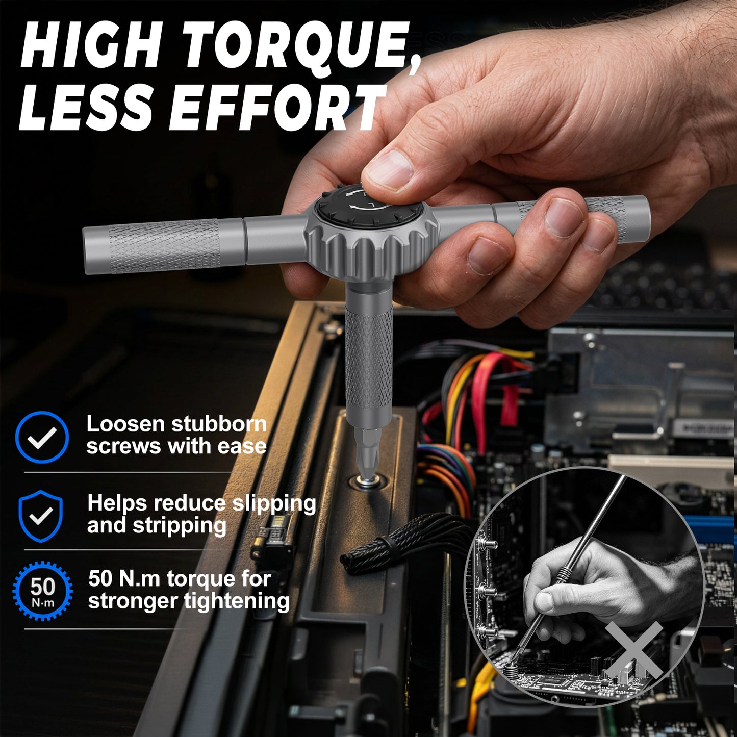 STREBITO 67-in-1 T Handle Ratchet Screwdriver Set with S2 Steel Bits | 72-Tooth Ratchet, Up to 50 N·m Torque, 5° Swing Arc for Tight Spaces, Furniture Assembly, Computer, Bicycle & Home Repair