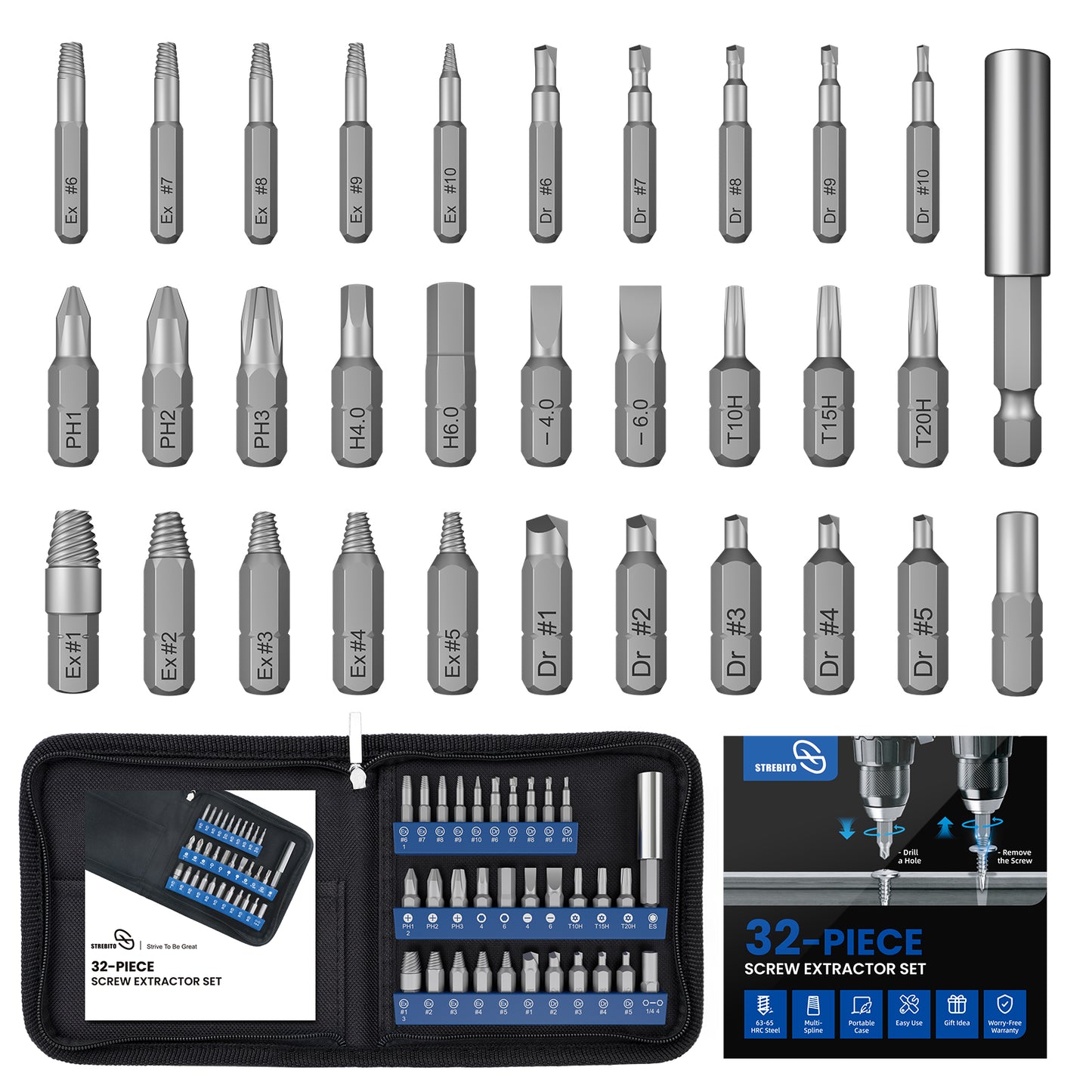STREBITO Damaged Screw Extractor Set, 32PCS Stripped Screw Extractor with Magnetic Extension Shaft & Socket Adapter, Stripped Screws Nuts & Bolts Drill Bit Tools for Easy Removal of Rusty Broken Screw