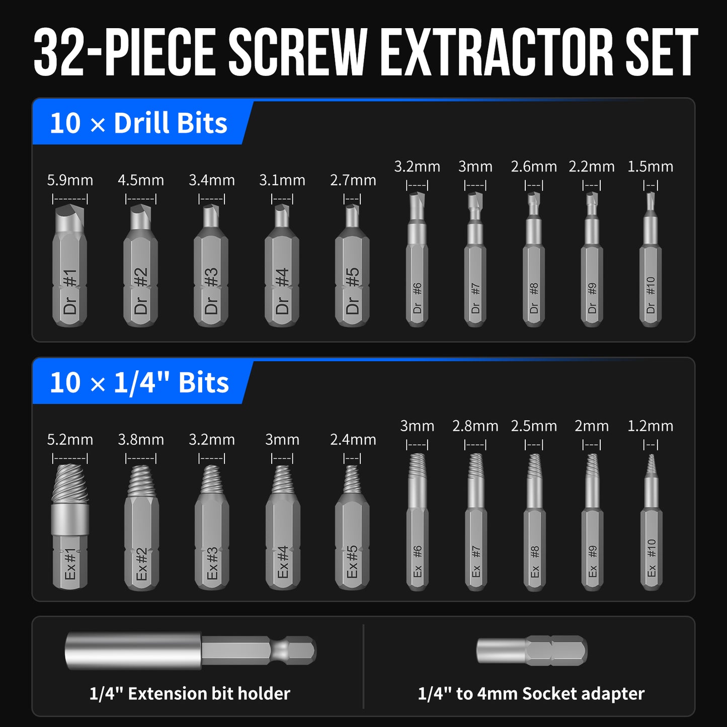 STREBITO Damaged Screw Extractor Set, 32PCS Stripped Screw Extractor with Magnetic Extension Shaft & Socket Adapter, Stripped Screws Nuts & Bolts Drill Bit Tools for Easy Removal of Rusty Broken Screw