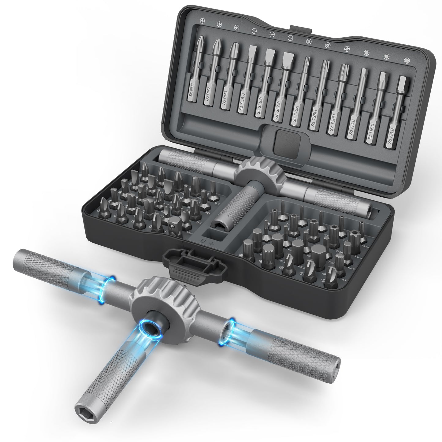 STREBITO 67-in-1 T Handle Ratchet Screwdriver Set with S2 Steel Bits | 72-Tooth Ratchet, Up to 50 N·m Torque, 5° Swing Arc for Tight Spaces, Furniture Assembly, Computer, Bicycle & Home Repair